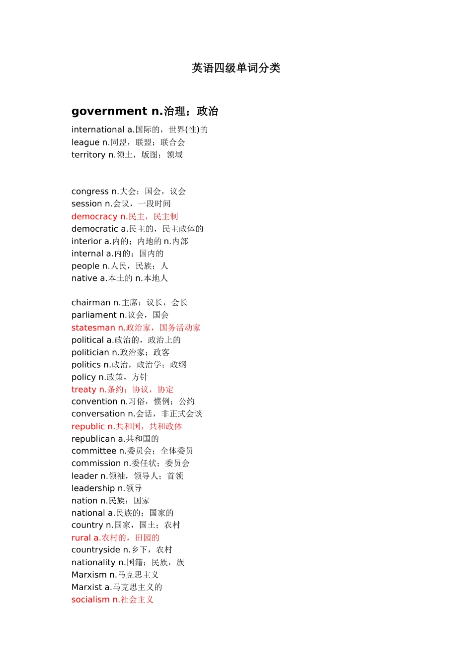 英语四级单词分类_第1页