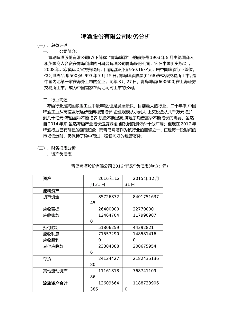 啤酒股份有限公司财务分析_第1页