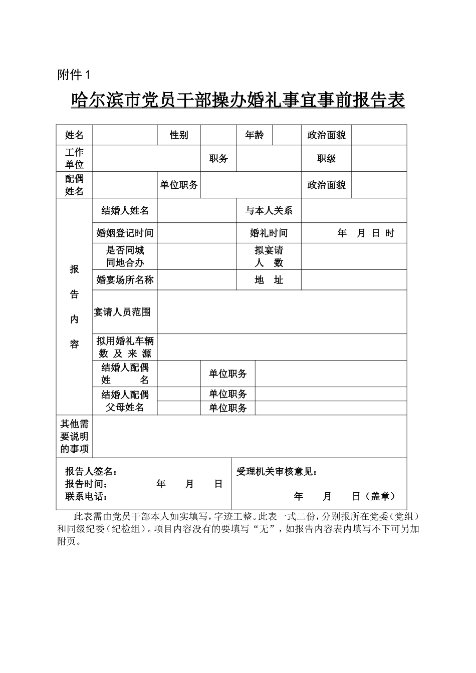 市党员干部操办婚礼事宜事前报告表_第1页