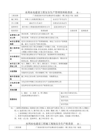 水利水电建设工程安全生产管理资料检查表