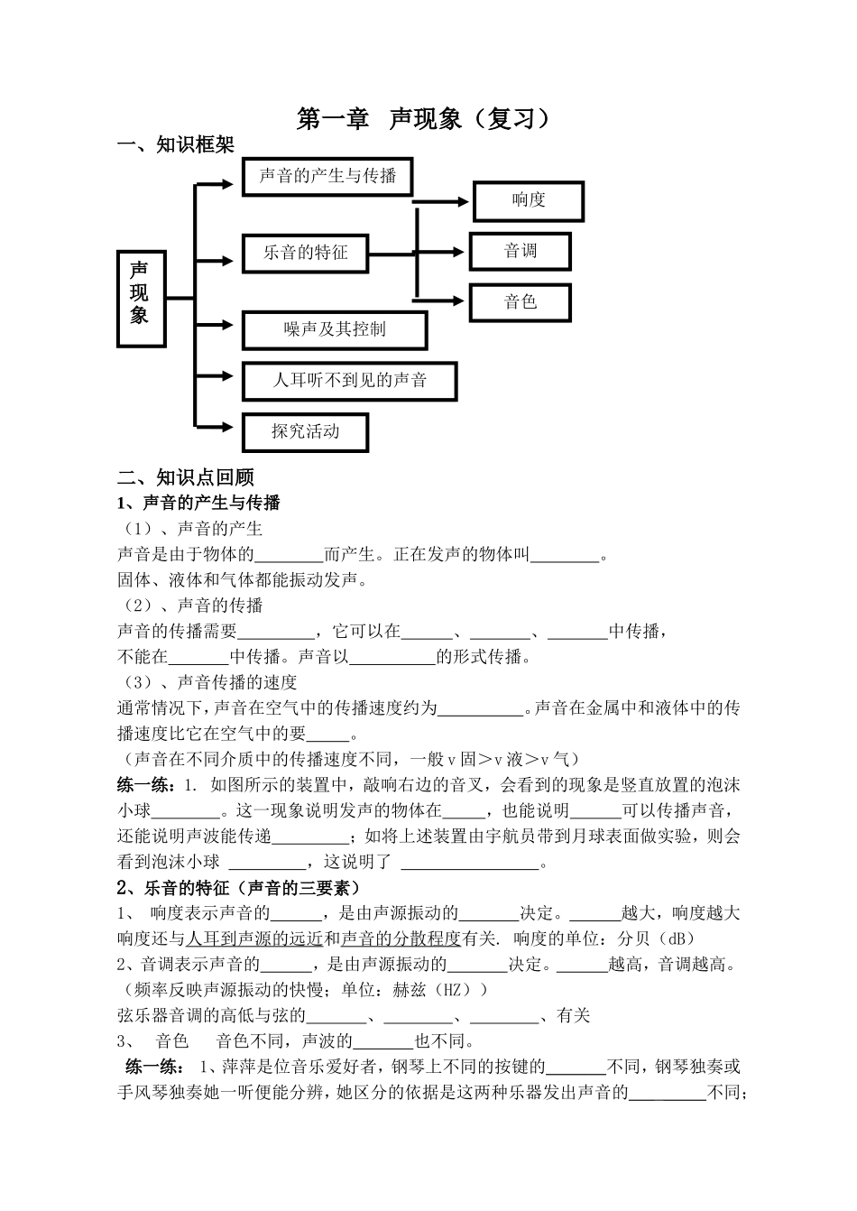 声现象（复习）测试练习题_第1页