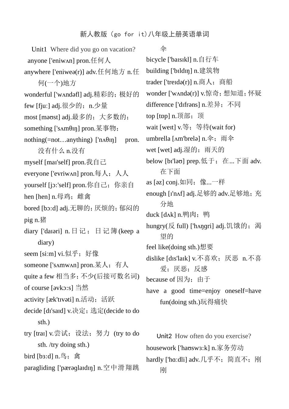 新人教版（go for it)八年级上册英语单词_第1页