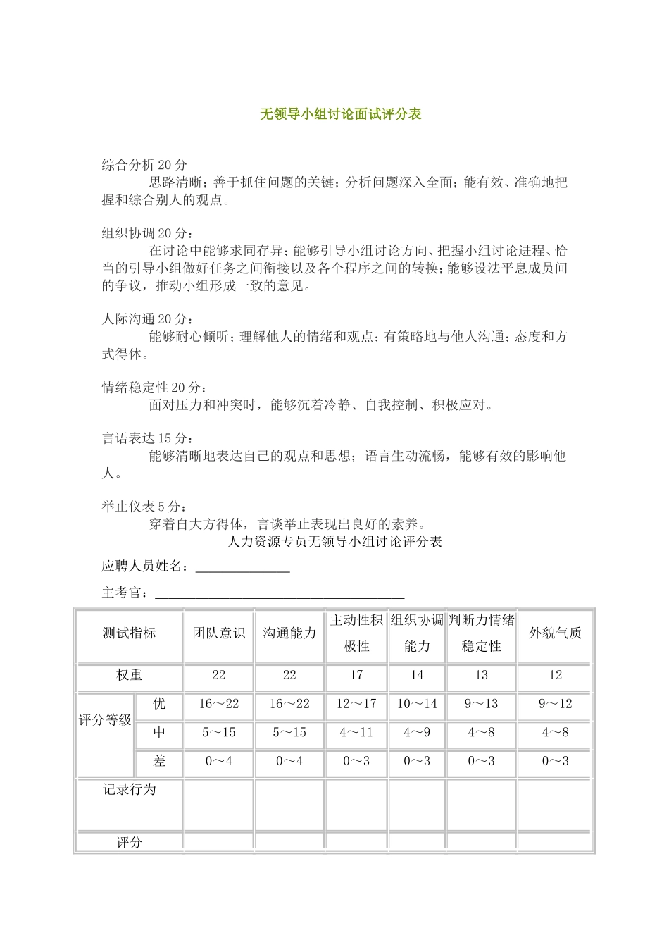 无领导小组讨论面试评分表_第1页