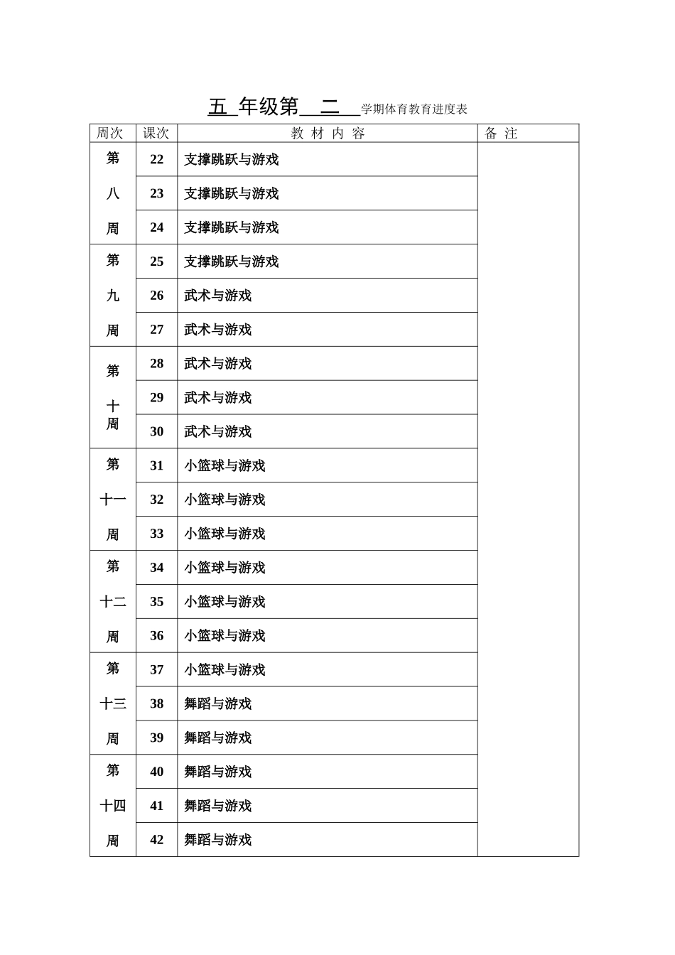 五年级第二学期体育教育进度表_第2页