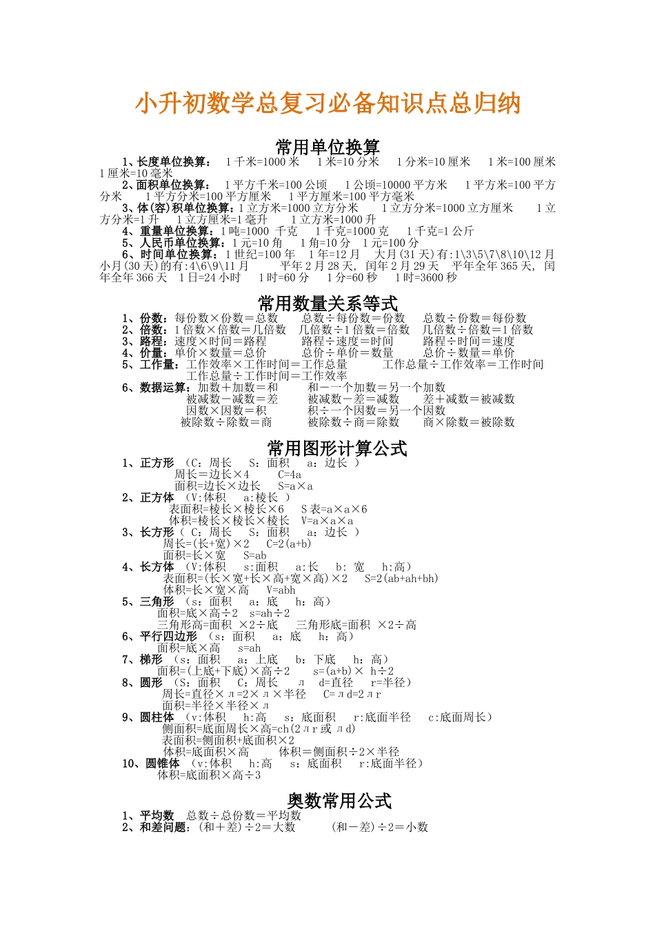 小升初数学总复习必备知识点总归纳_第1页