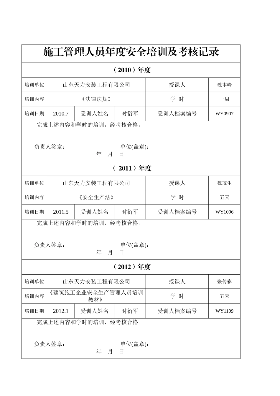 施工管理人员年度安全培训及考核记录_第1页