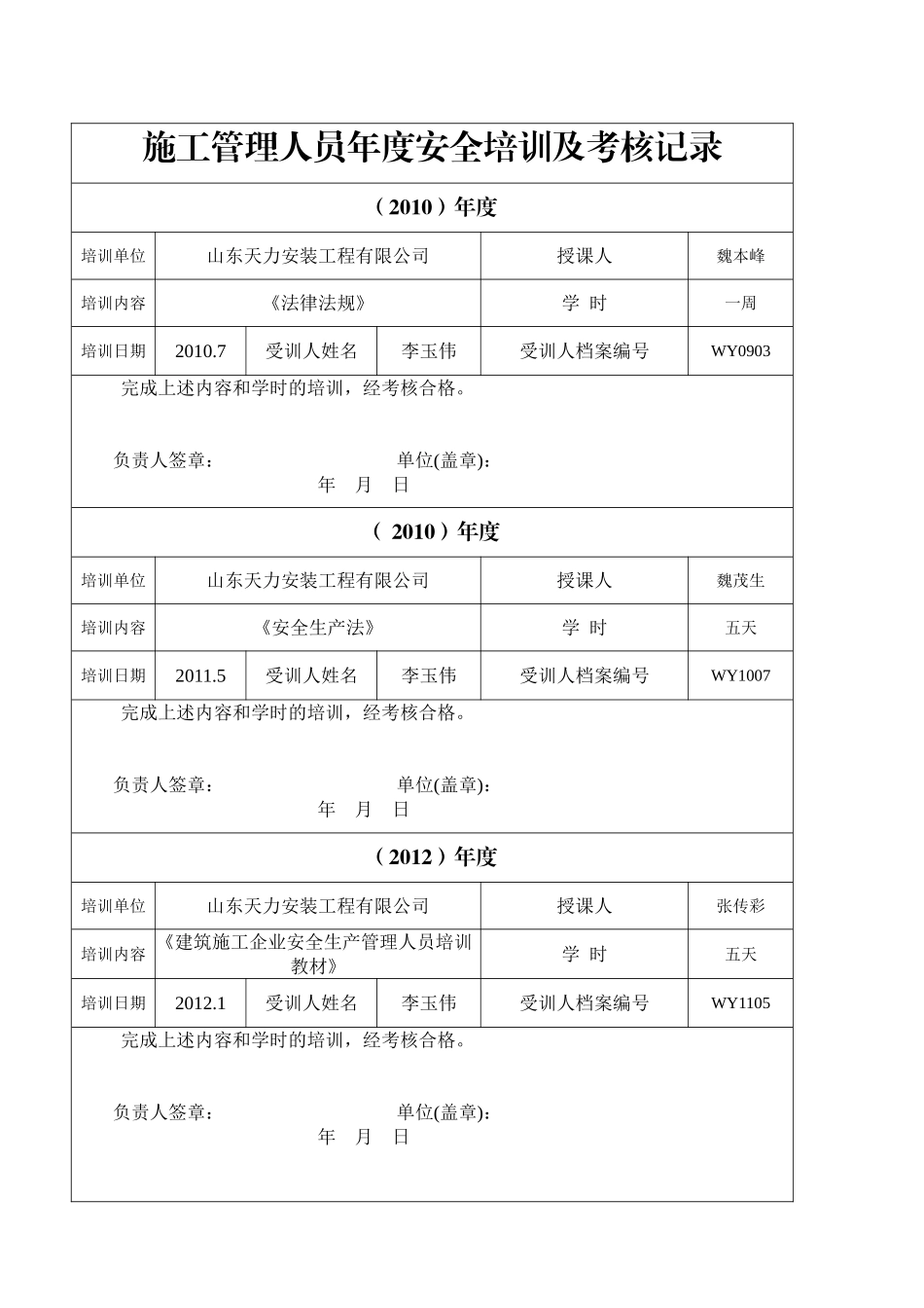 施工管理人员年度安全培训及考核记录_第3页