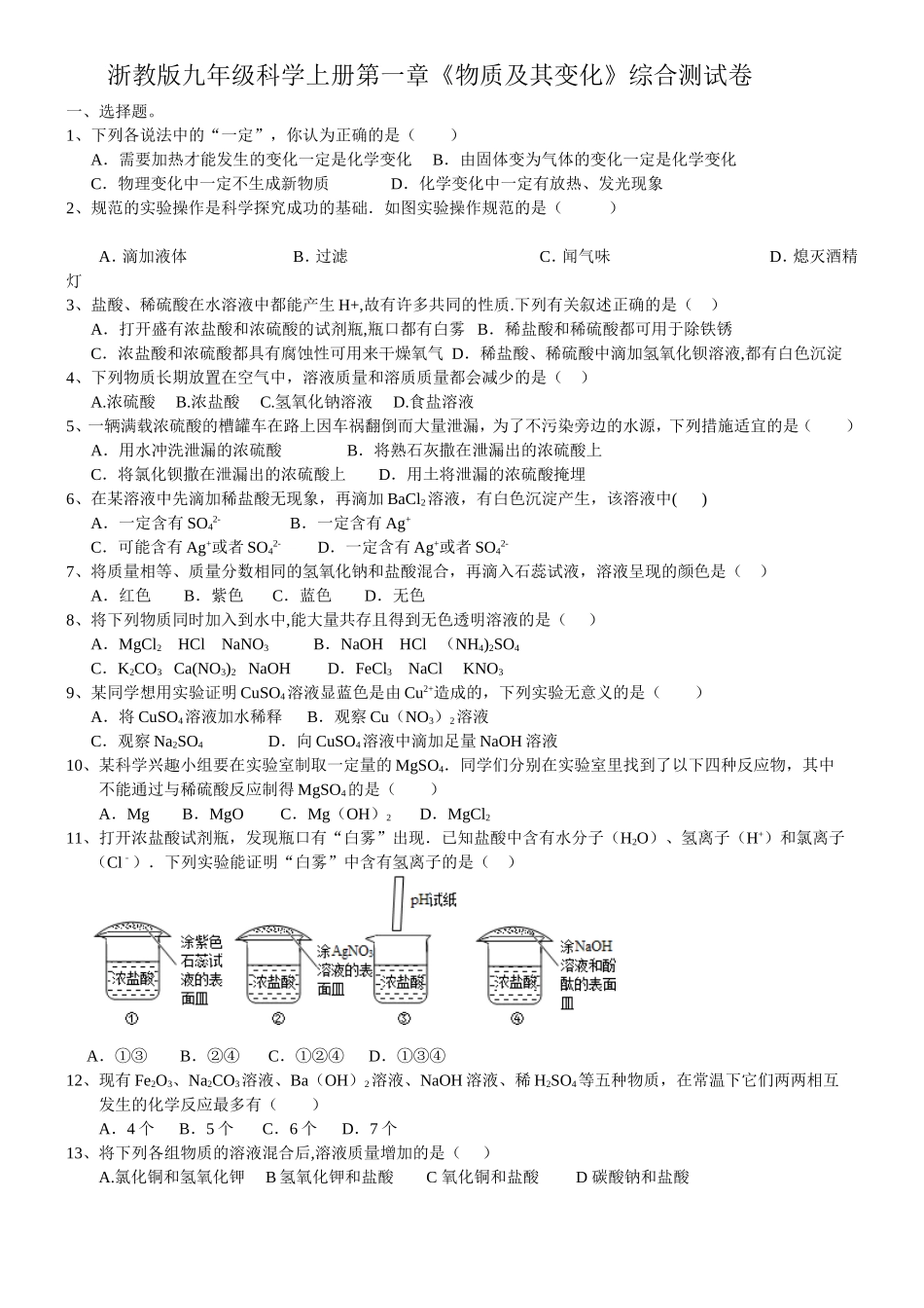 浙教版九年级科学上册第一章《物质及其变化》综合测试卷_第1页