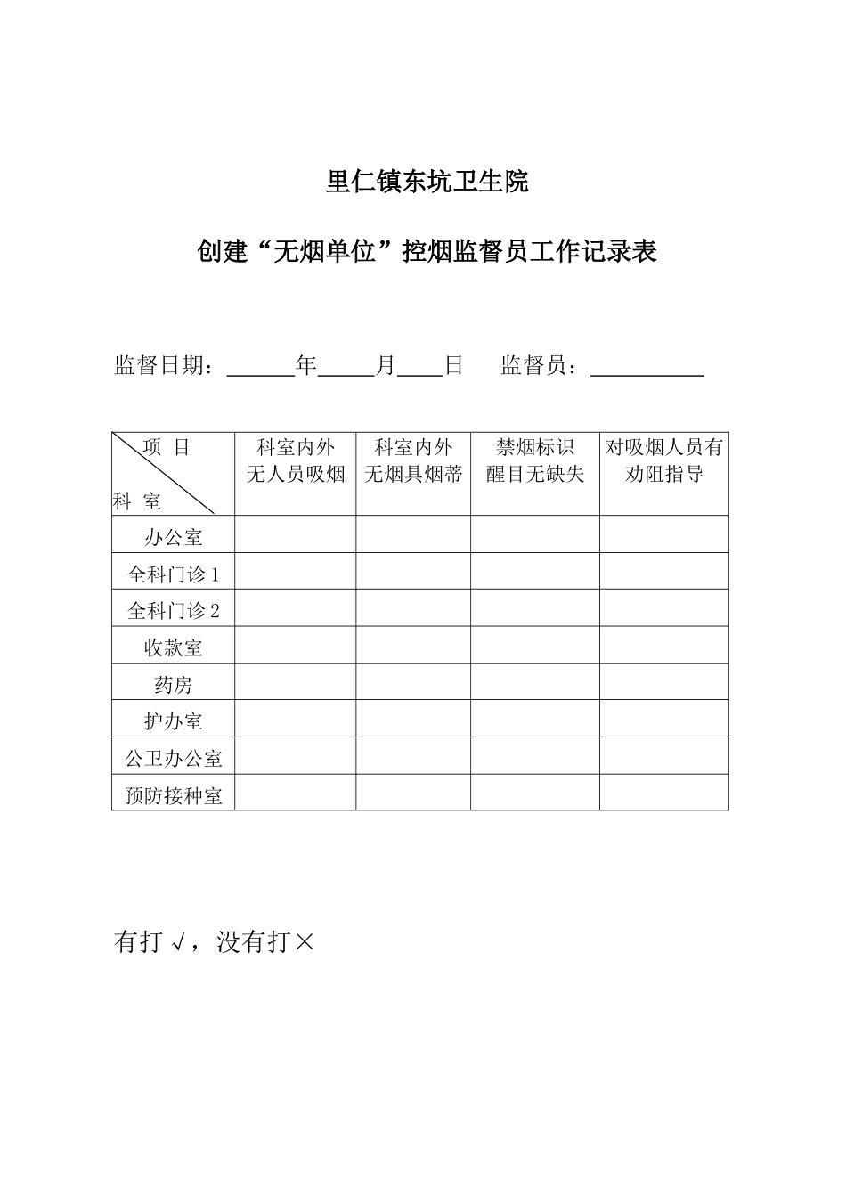 镇东坑卫生院创建“无烟单位”控烟监督员工作记录表_第1页