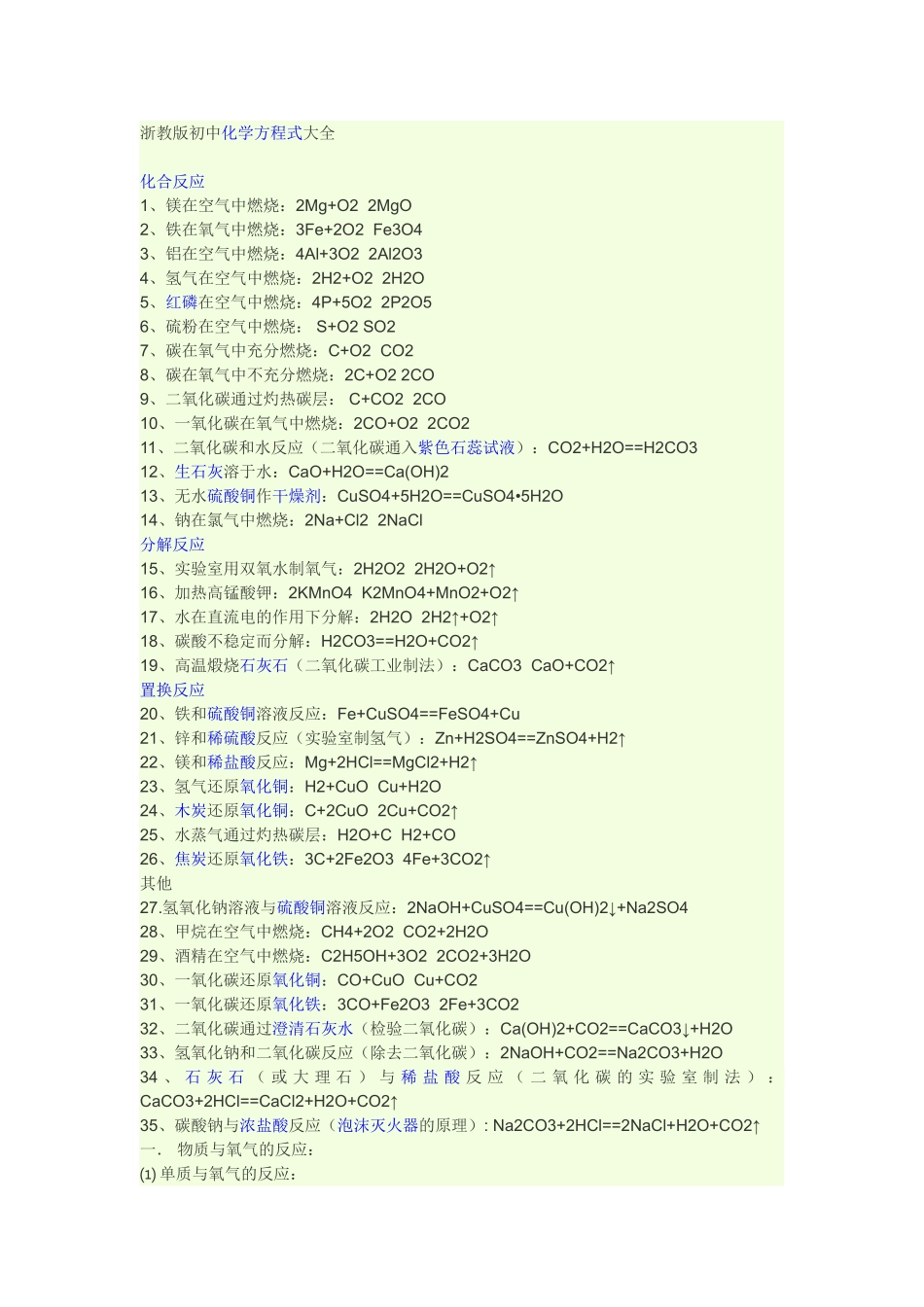 浙教版初中化学方程式大全_第1页