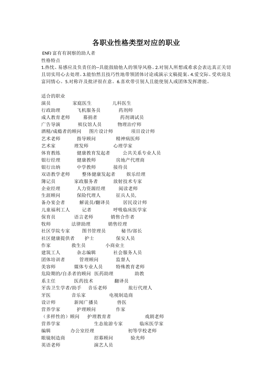 各职业性格类型对应的职业_第1页