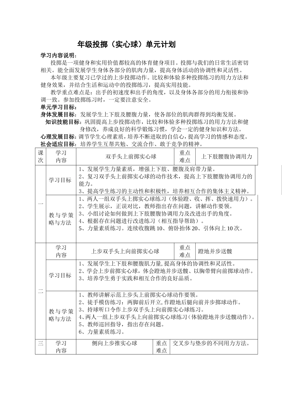 年级投掷（实心球）单元计划_第1页