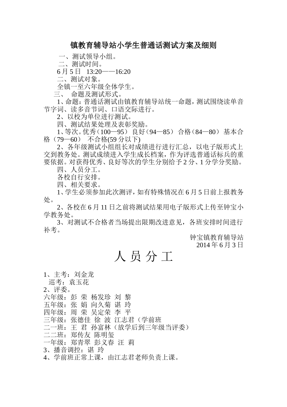 镇教育辅导站小学生普通话测试方案及细则_第1页