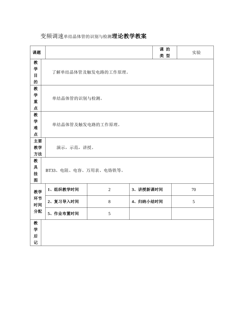 省技工学校变频调速单结晶体管的识别与检测理论教学教案_第1页