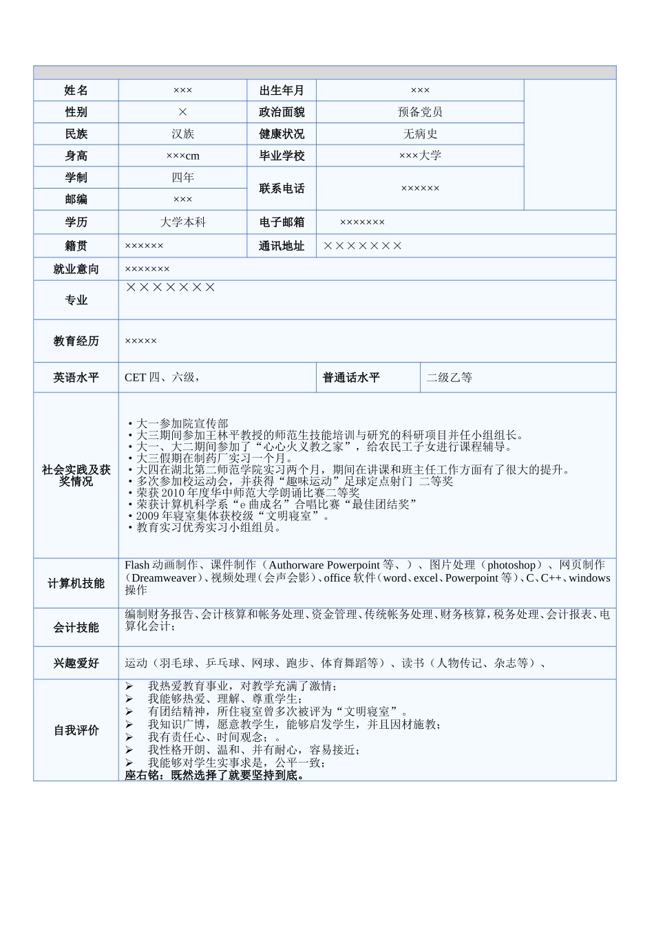 师范大学个人简历模板（含自荐信）_第2页