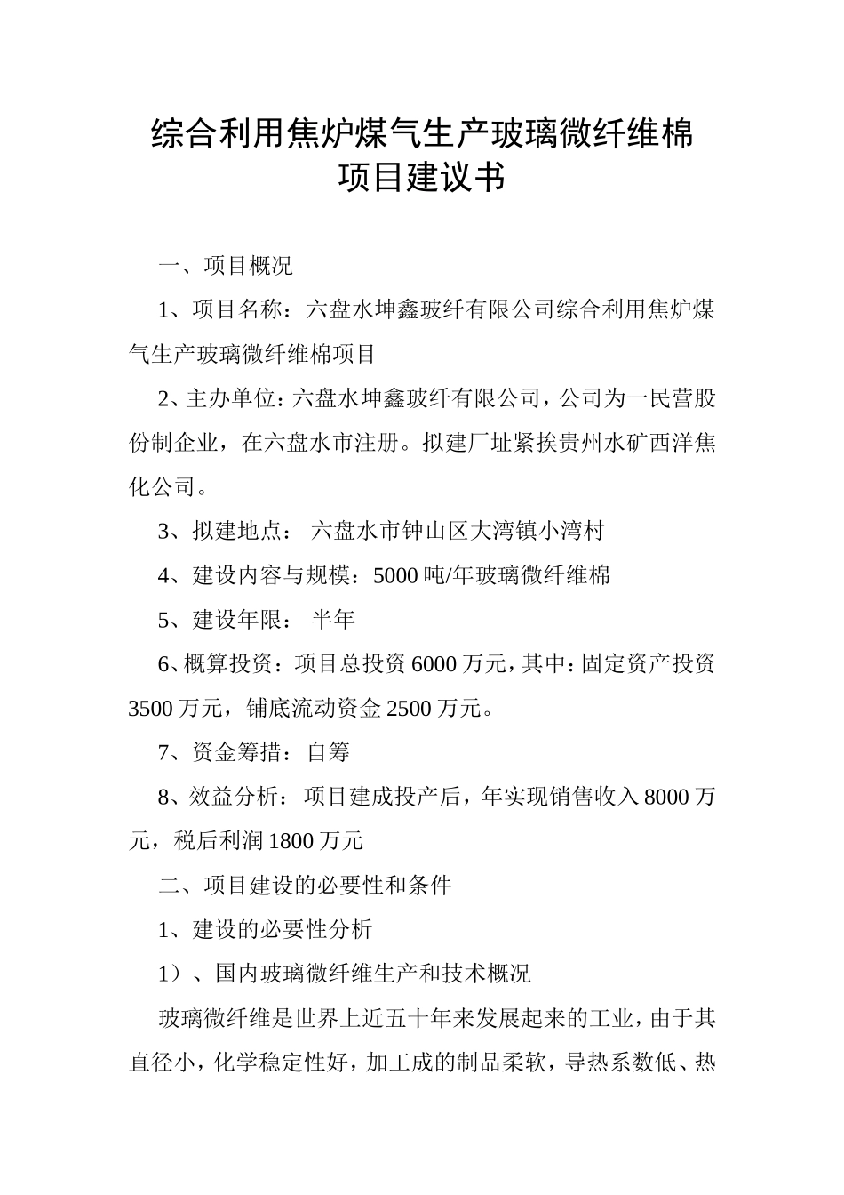 综合利用焦炉煤气生产玻璃微纤维棉项目建议书_第1页