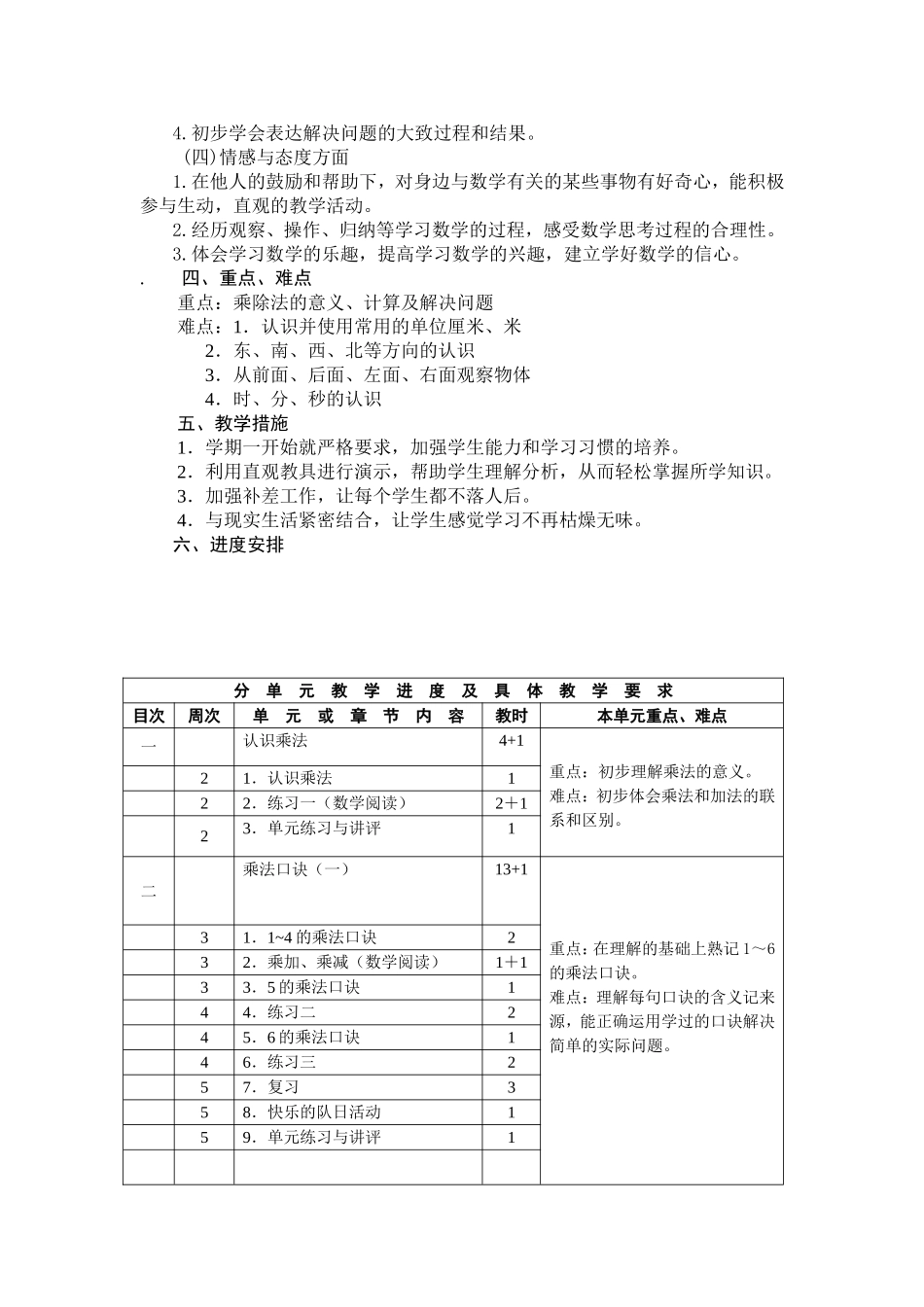 小学数学二年级上册教学计划_第2页