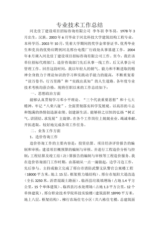 招标代理部门、造价咨询部门专业技术工作总结