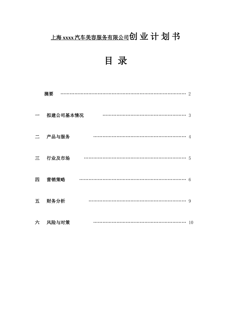 上海xxxx汽车美容服务有限公司创业计划书_第1页