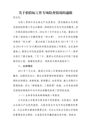 能源集团公司关于招投标工作专项检查情况的通报