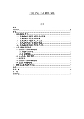 浅论家电行业名牌战略分析研究  市场营销专业