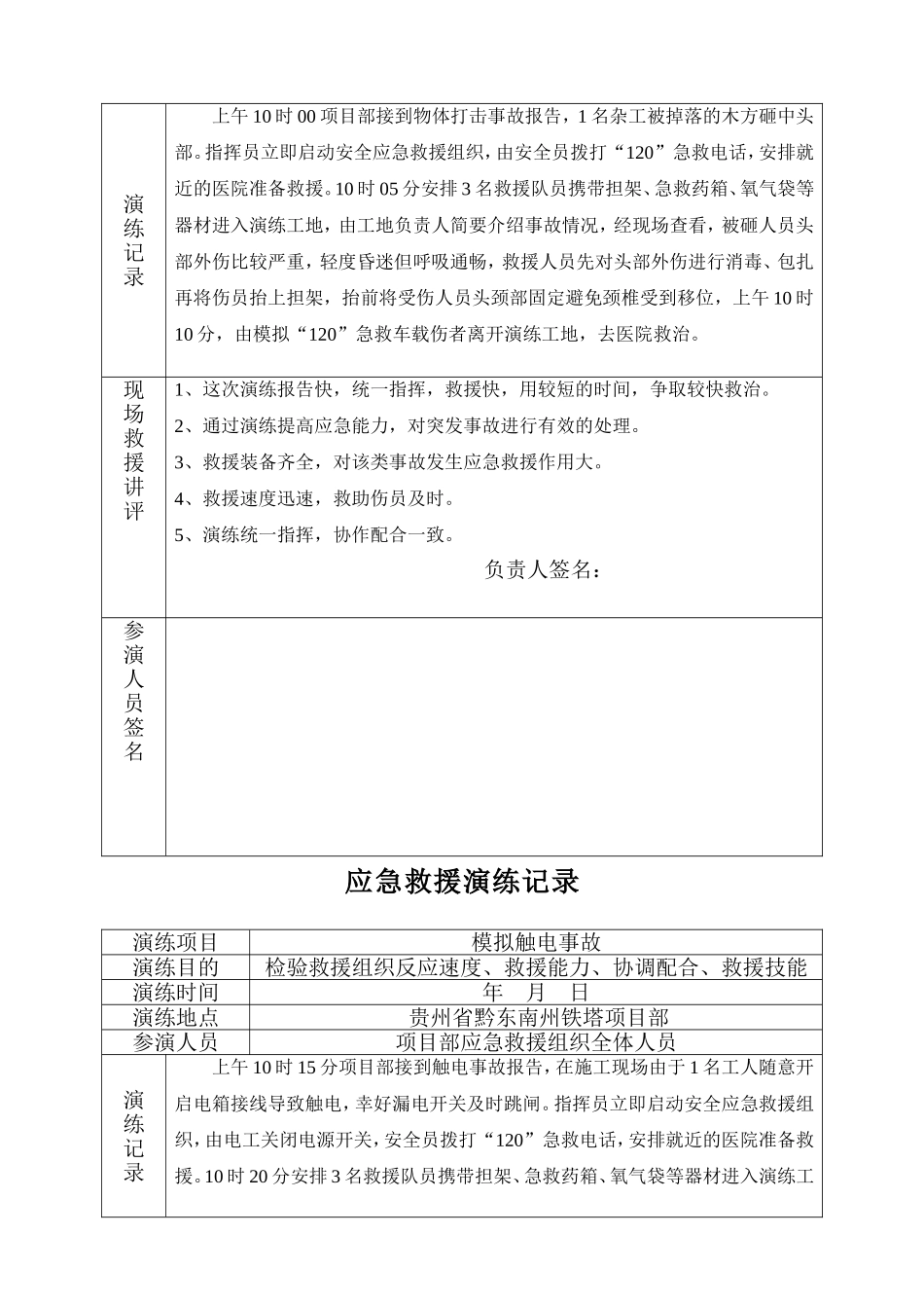 铁塔项目部模拟基坑坍塌事故应急救援演练记录_第3页