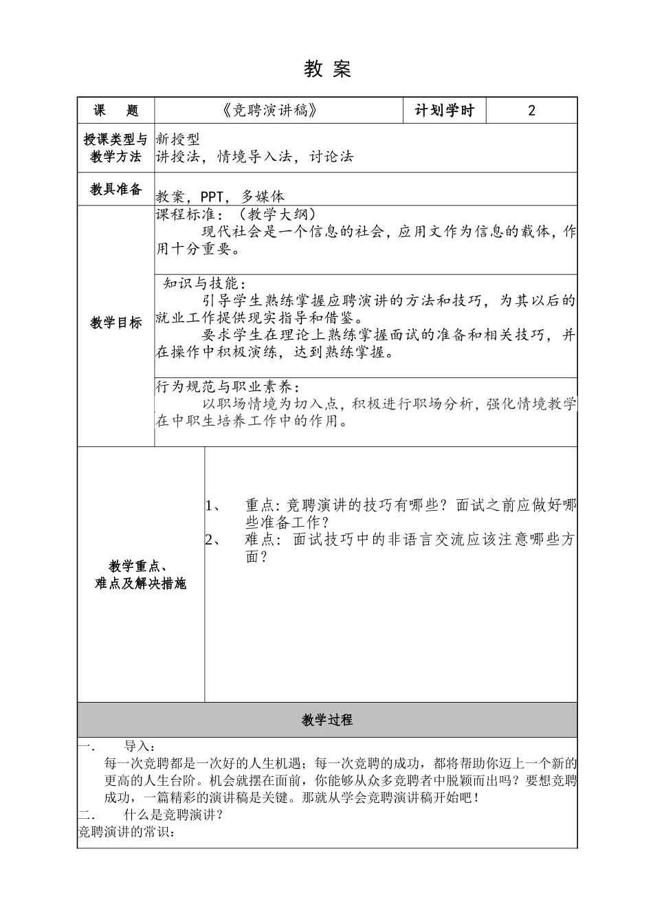市仪表电子学校 《竞聘演讲稿》 教学设计_第1页