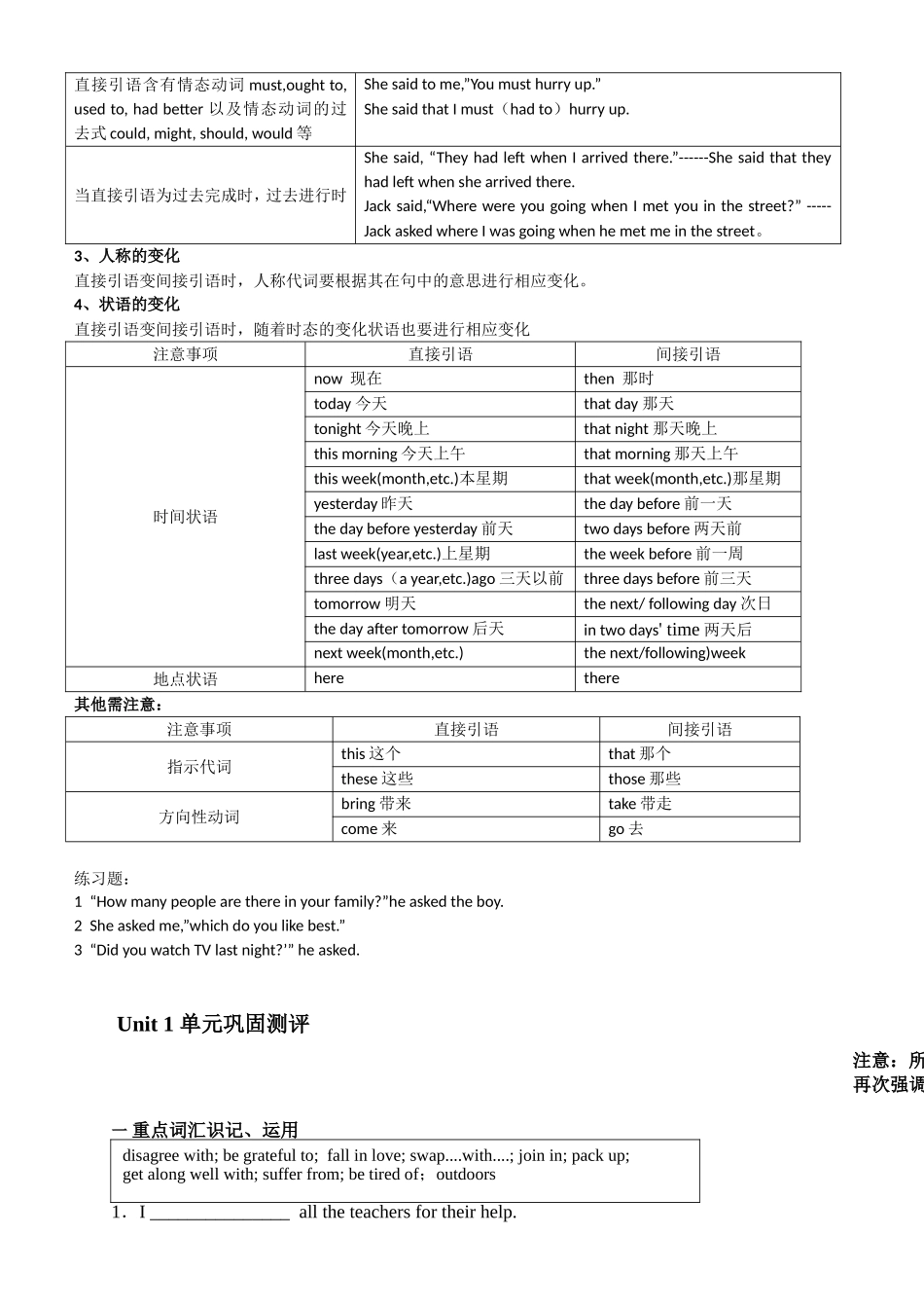 Unit1重点单词直接引语与间接引语知识点汇总_第3页