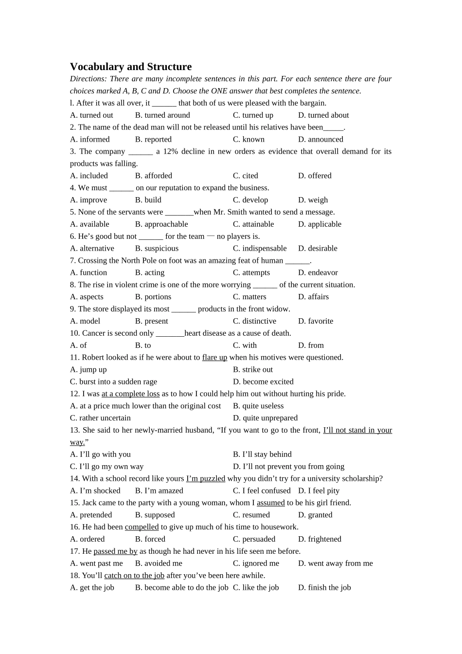 Vocabulary and Structure英语测试练习题_第1页