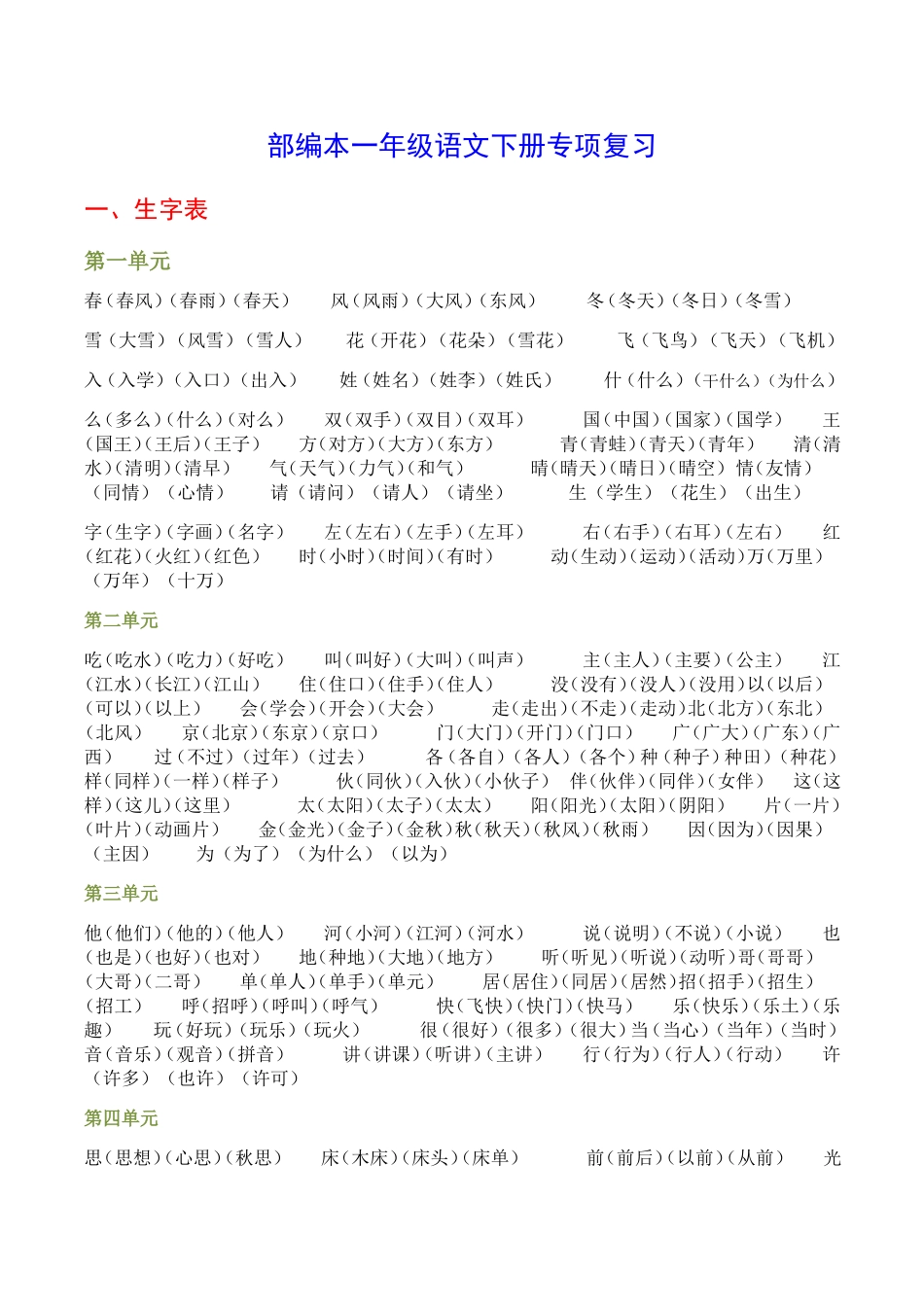 部编本一年级语文下册专项复习资料_第1页