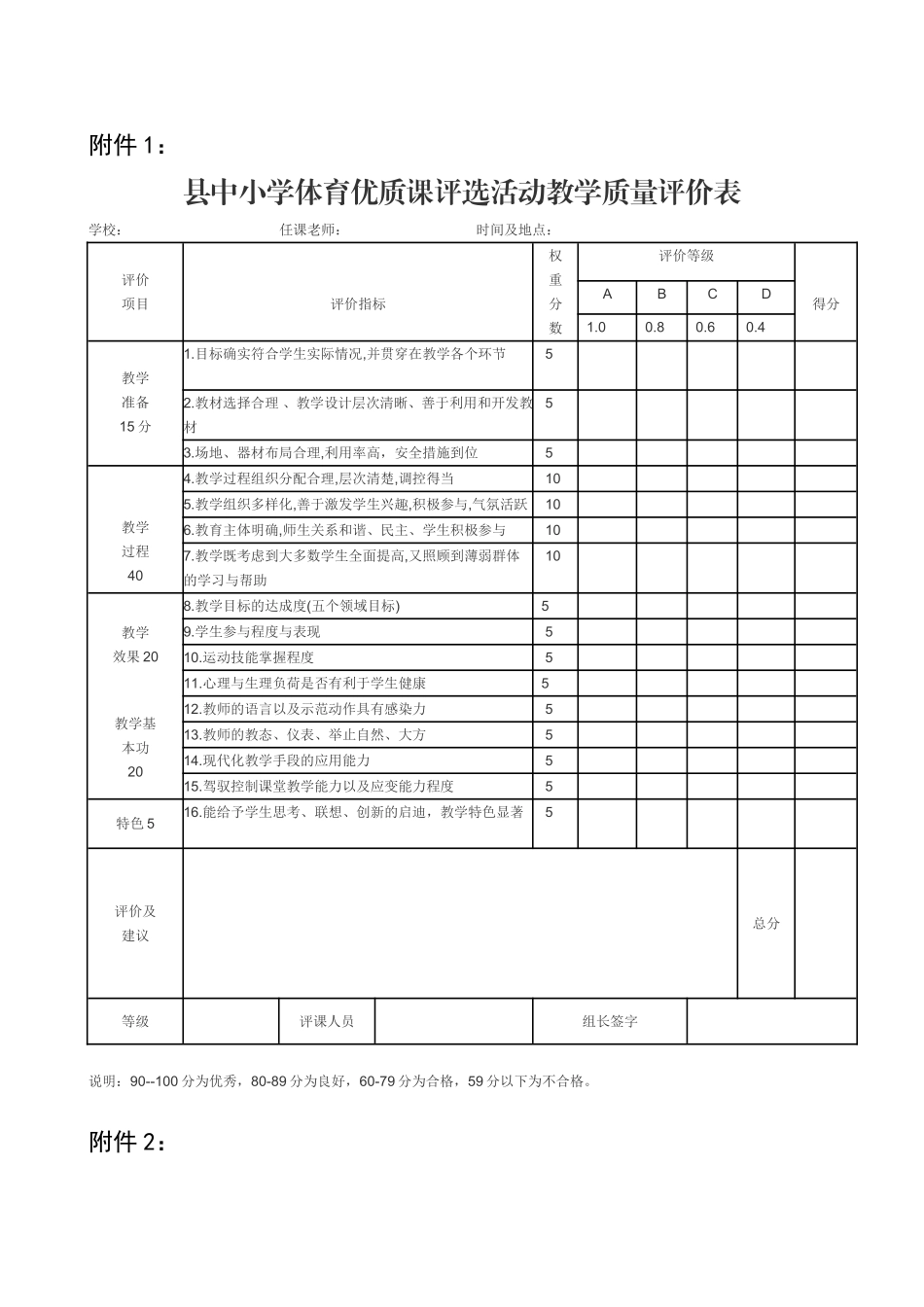 县中小学体育优质课评选活动教学质量评价表_第1页