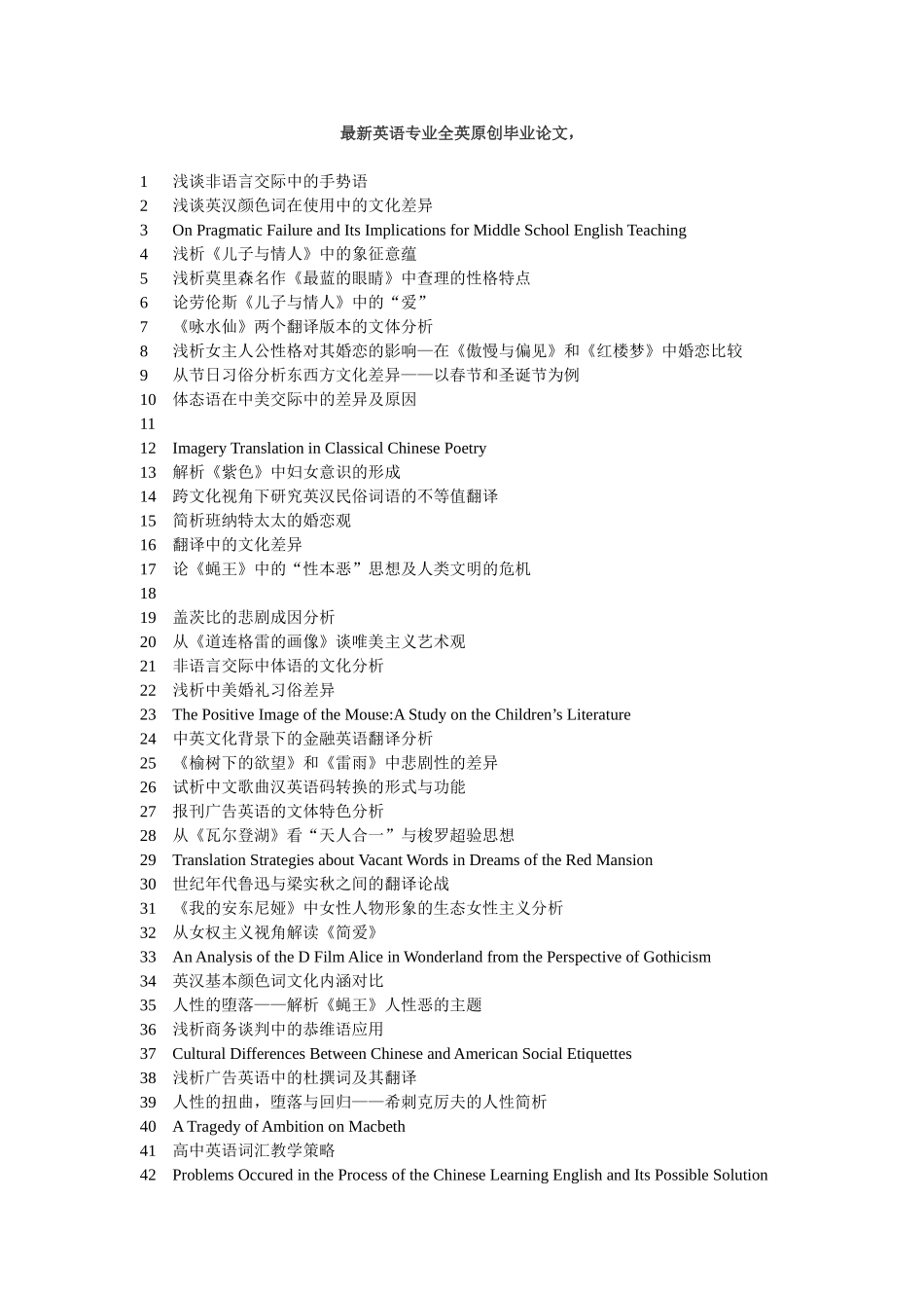 最新英语专业全英原创毕业论文题目_第1页