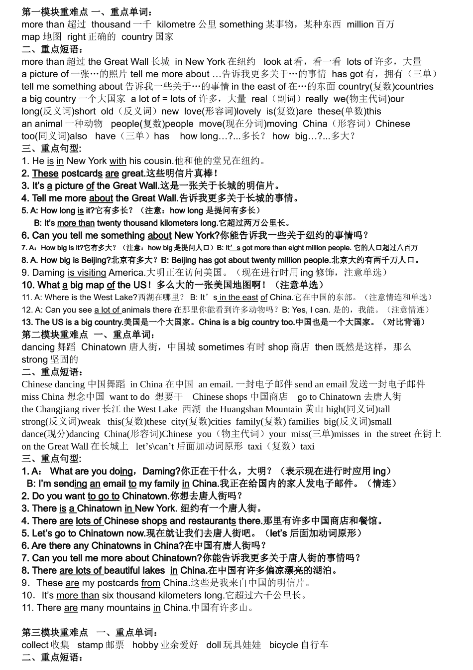 新版外研版六年级上学期第六模块学习重难点_第1页