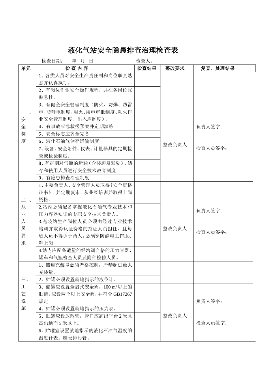 液化气站安全隐患排查治理检查表_第1页