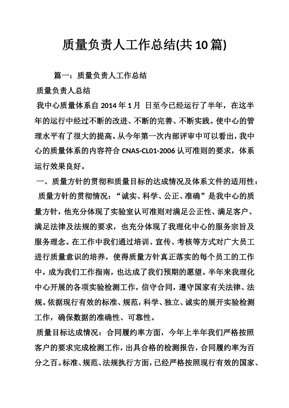质量负责人工作总结(共10篇_第1页