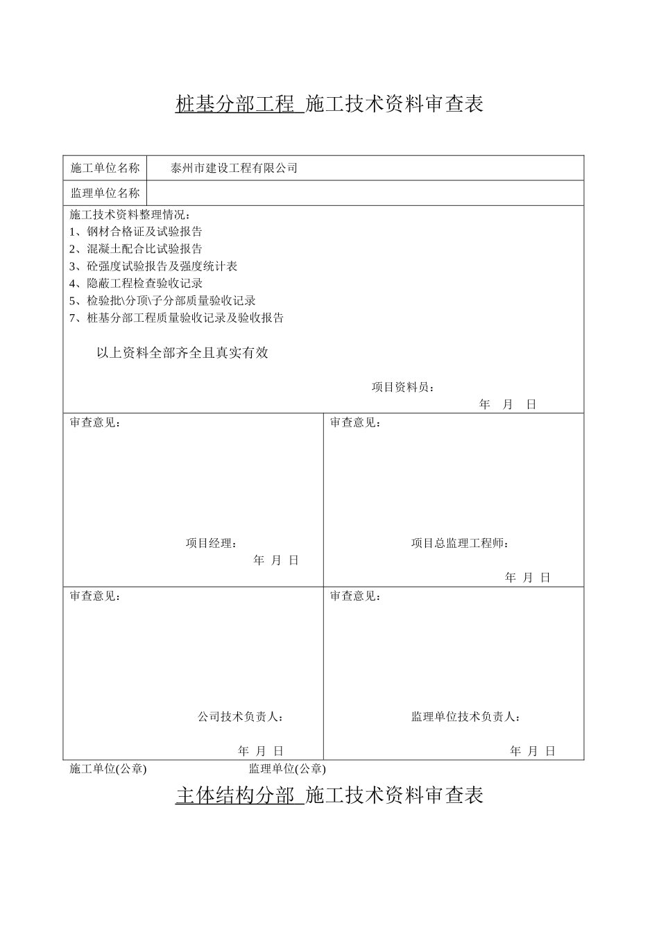 桩基分部工程施工技术资料审查表_第1页