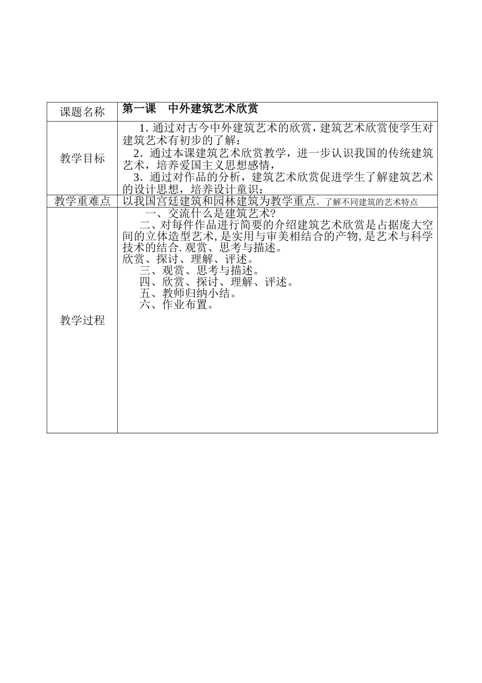 中外建筑艺术欣赏 教学设计_第1页