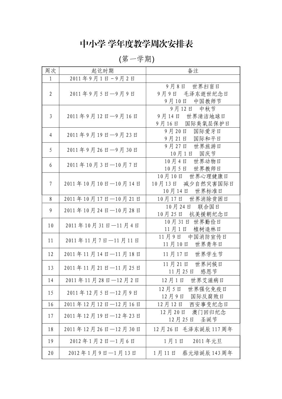 中小学年度各种节日教学周次安排表_第1页