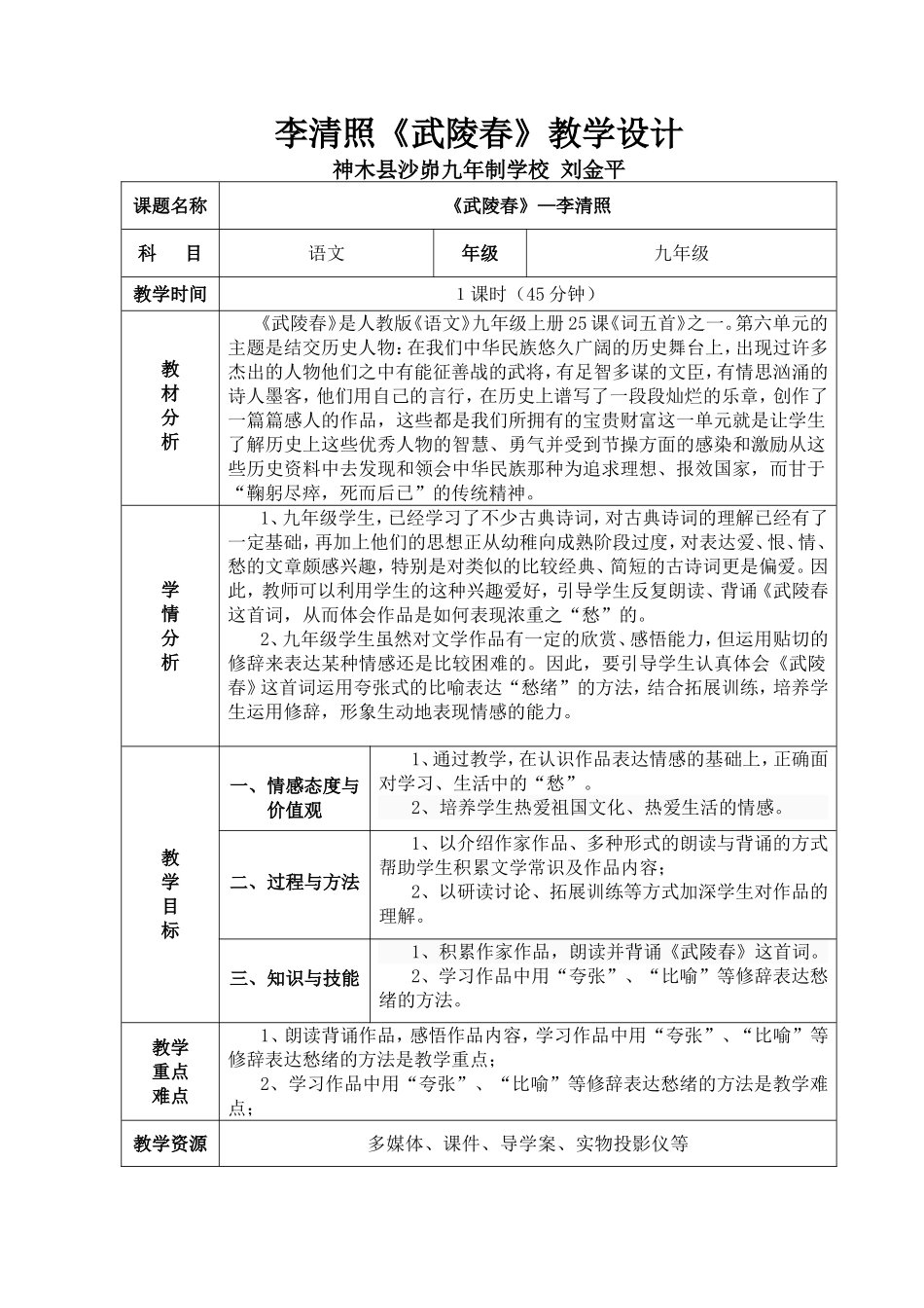 李清照《武陵春》教学设计_第1页