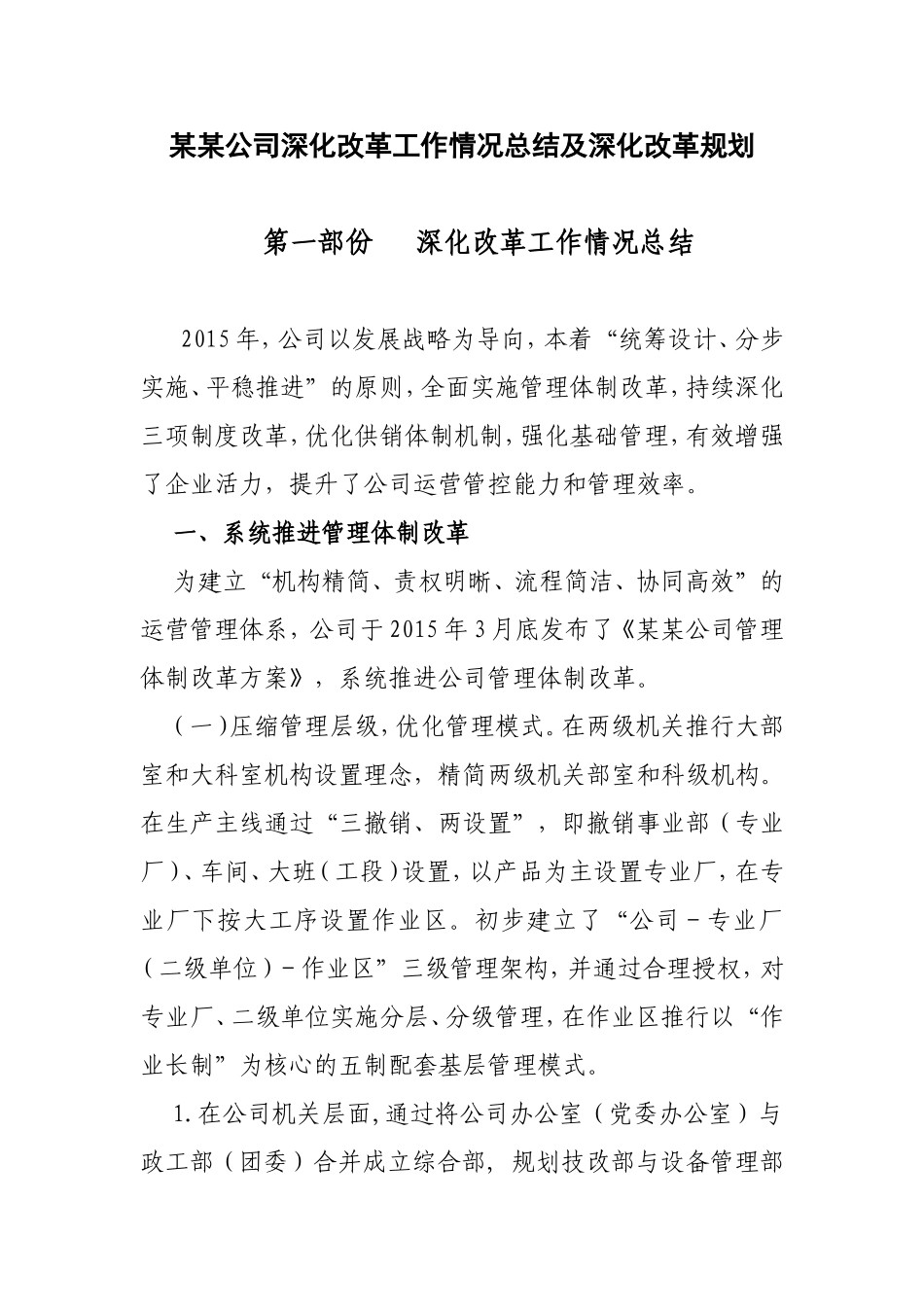 某某公司深化改革工作情况总结及深化改革规划_第1页