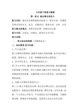 七年级下册复习第一单元  做自尊自信的人教案