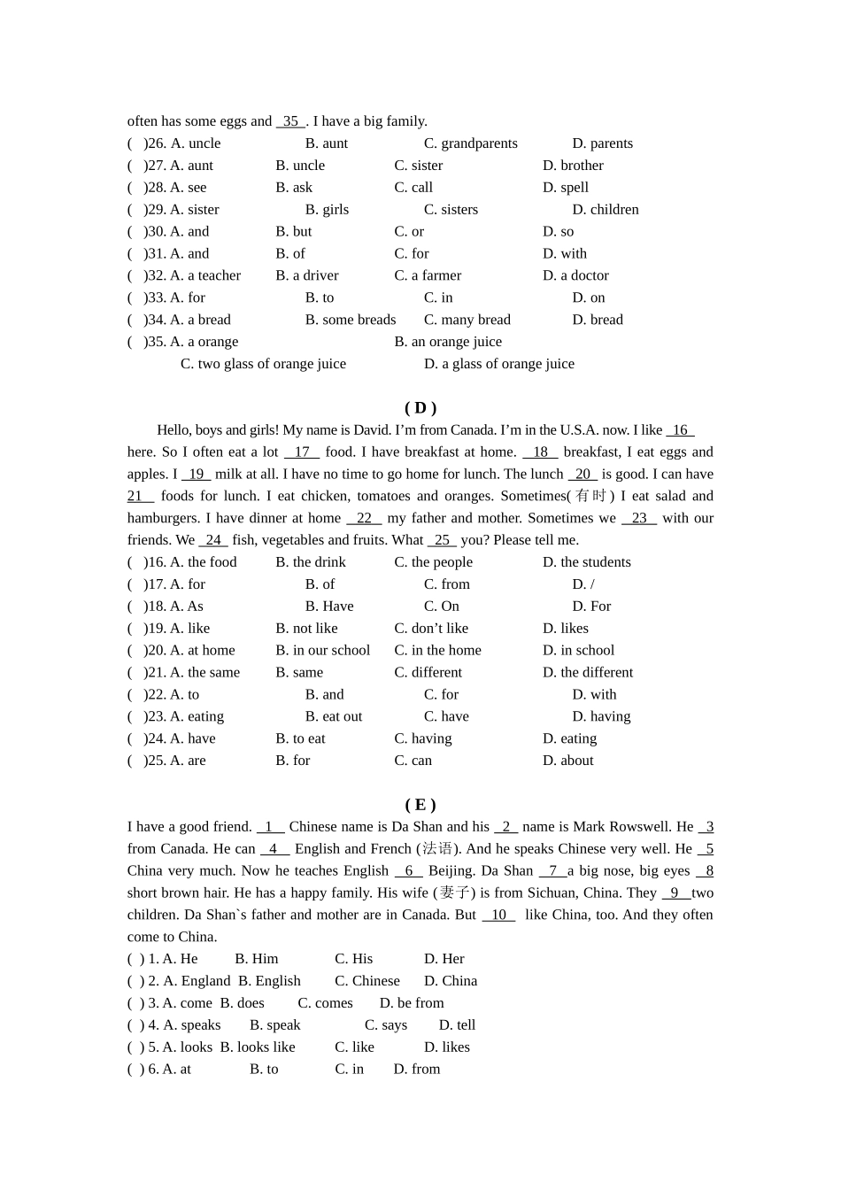 七年级英语（上）完形填空专项训练题_第2页