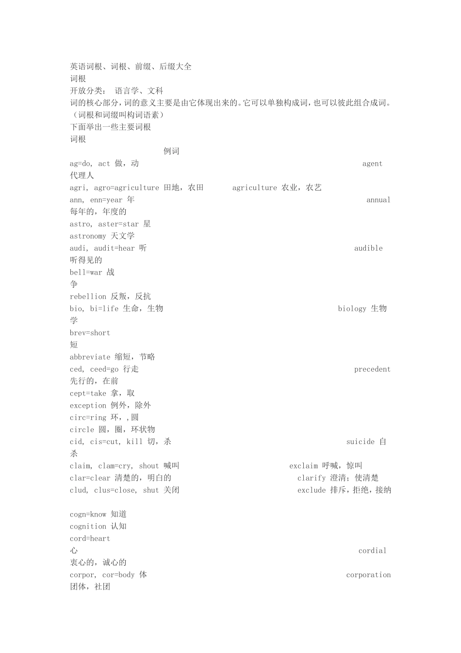 英语词根、词根、前缀、后缀大全_第1页