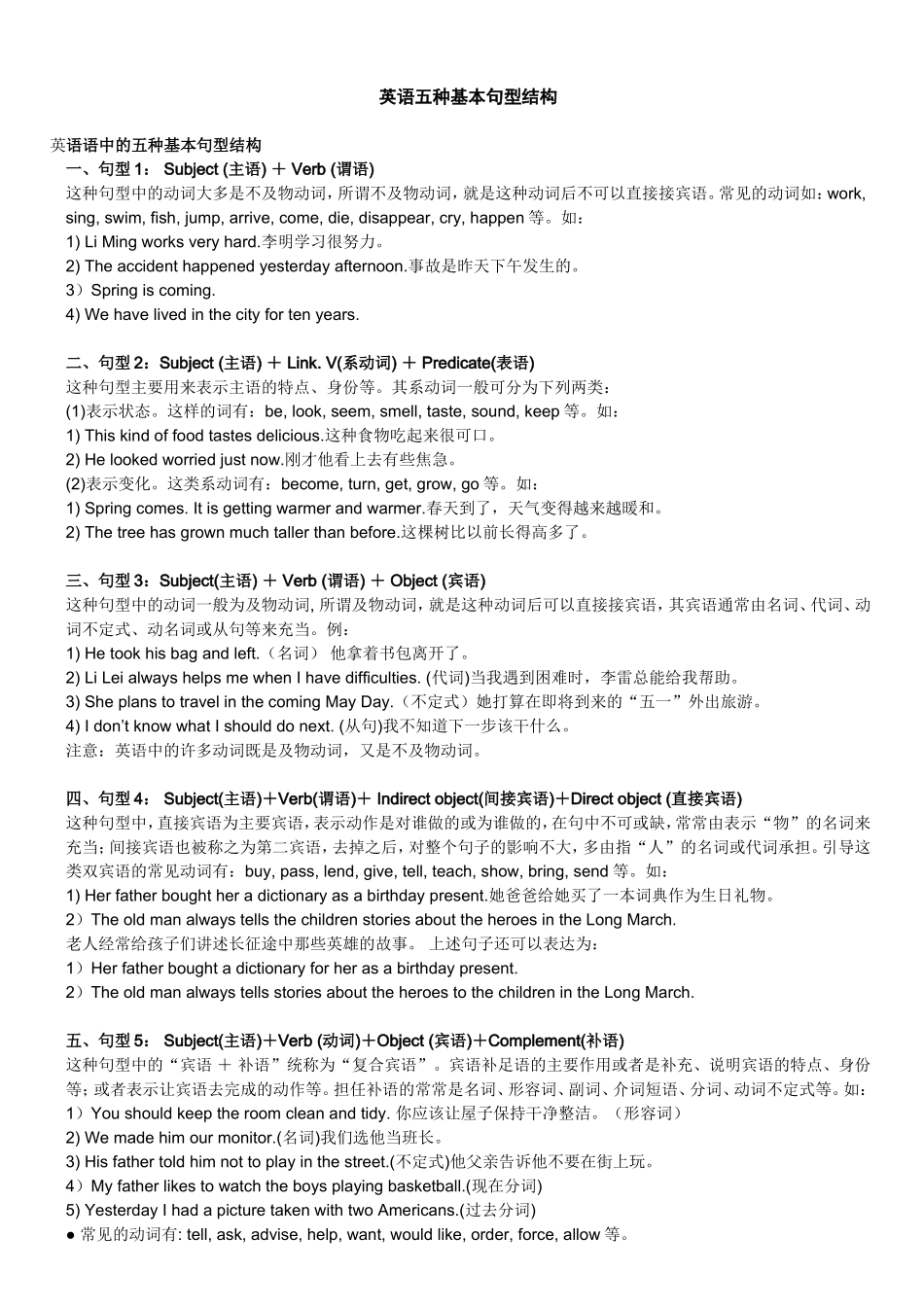 英语五种基本句型结构_第1页