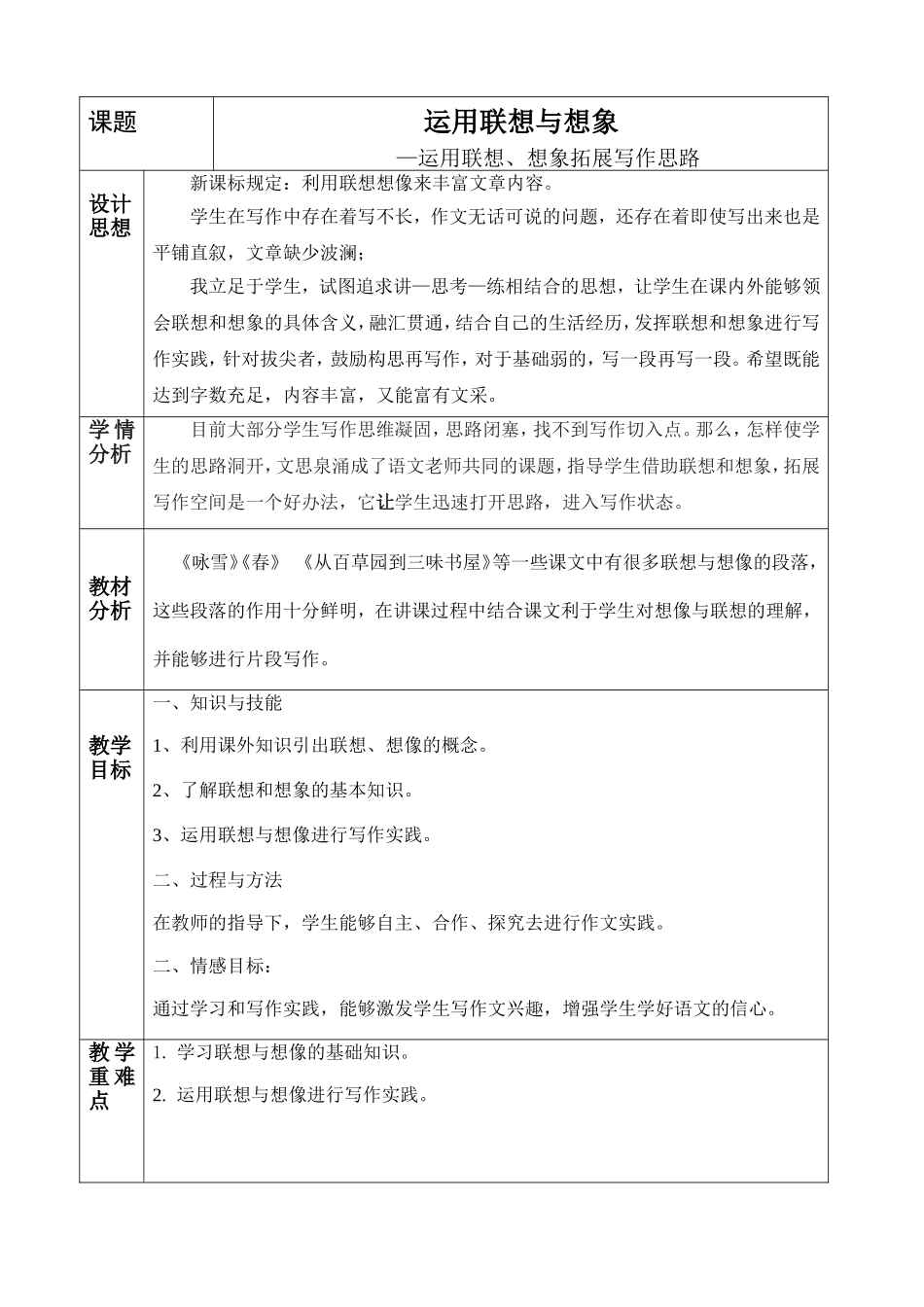 语文 运用联想、想象拓展写作思路 教学设计_第1页