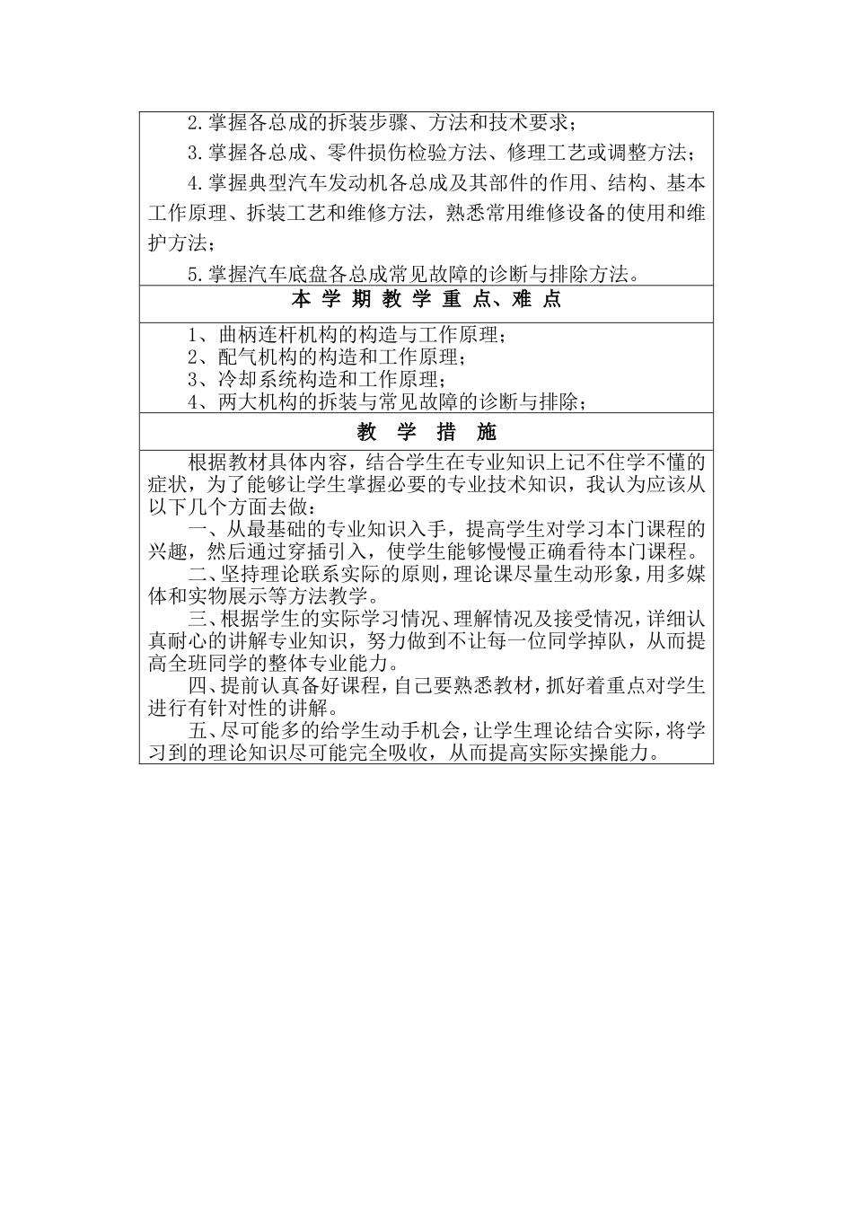 职业教育中心汽车发动机构造与维修转课程教师教学工作计划_第2页