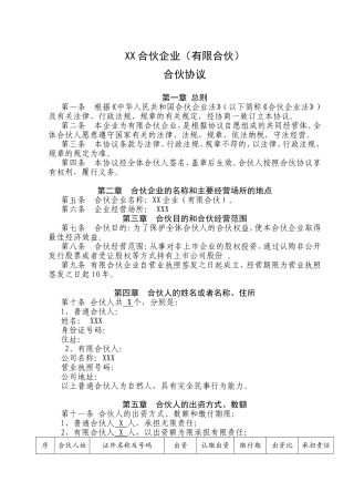 XX合伙企业（有限合伙）合伙协议