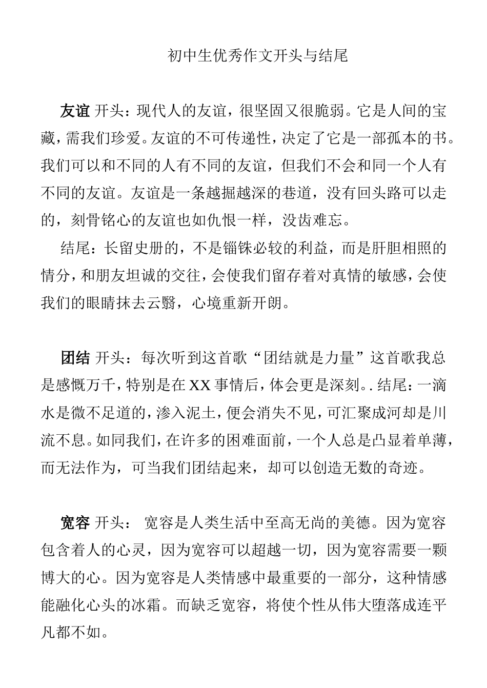 初中生优秀作文开头与结尾汇总_第1页