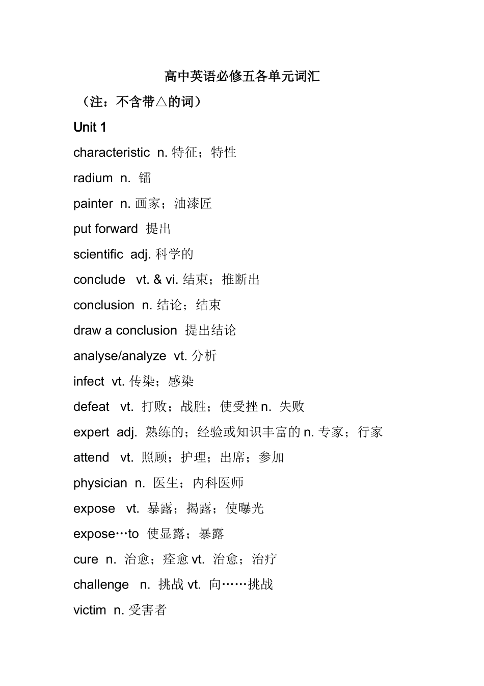 高中英语必修五各单元词汇_第1页