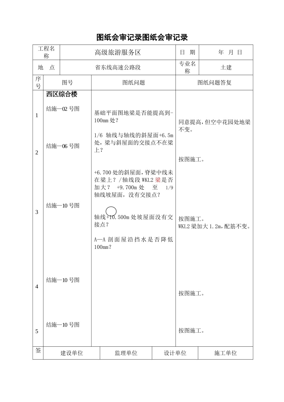 高级旅游服务区图纸会审记录图纸会审记录_第1页